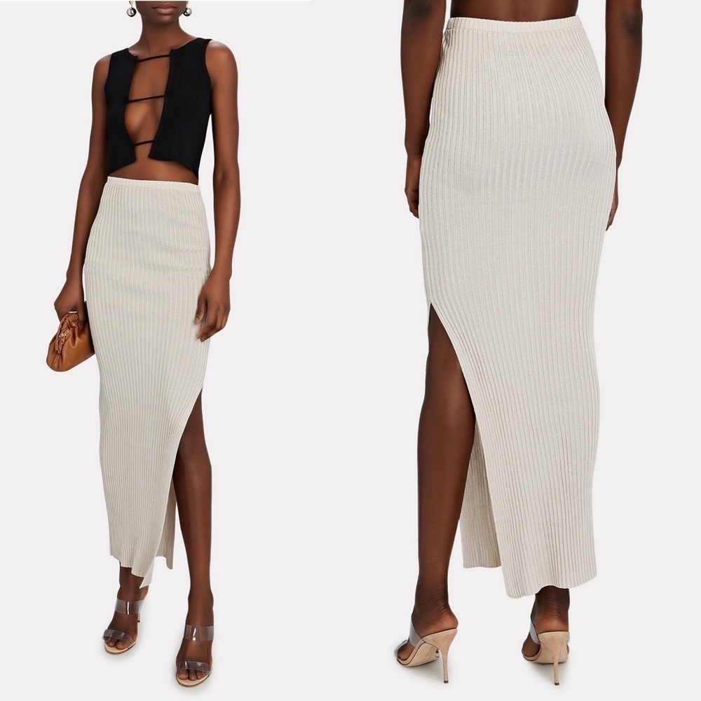 AYA‎ MUSE Skirt Pisa Ribbed Knit Maxi Slit Metallic Stretchy Beige S NWT